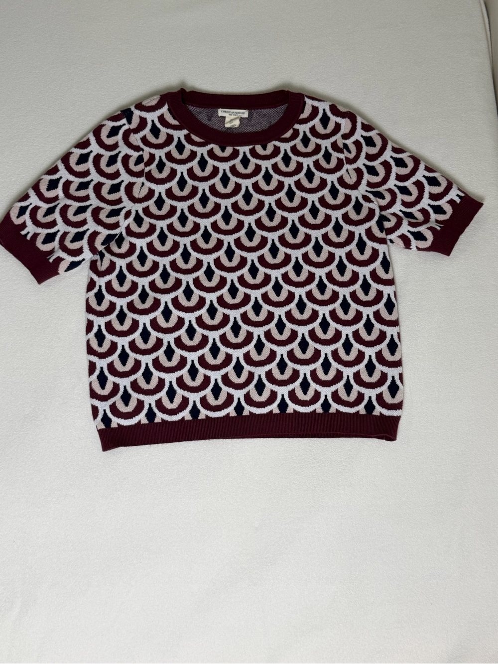 Christian Siriano Burgundy, White & Navy Scallop Knit Short Sleeve Sweater